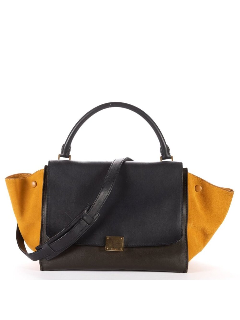 Celine Tricolor Medium Trapeze Navy Black Yellow Suede Leather Handbag
